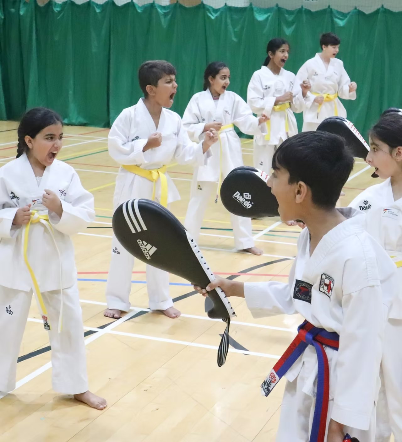 Children from Highgate and North London training Taekwondo with kick pads